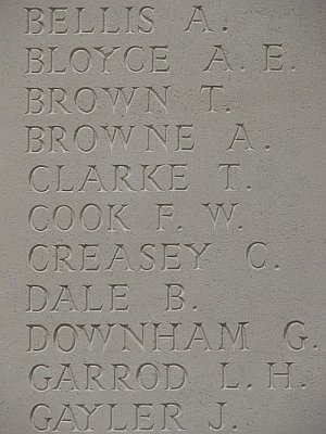 Ploegsteert Memorial Belgium - Panel 7 - names A Bloyce and L Garrod